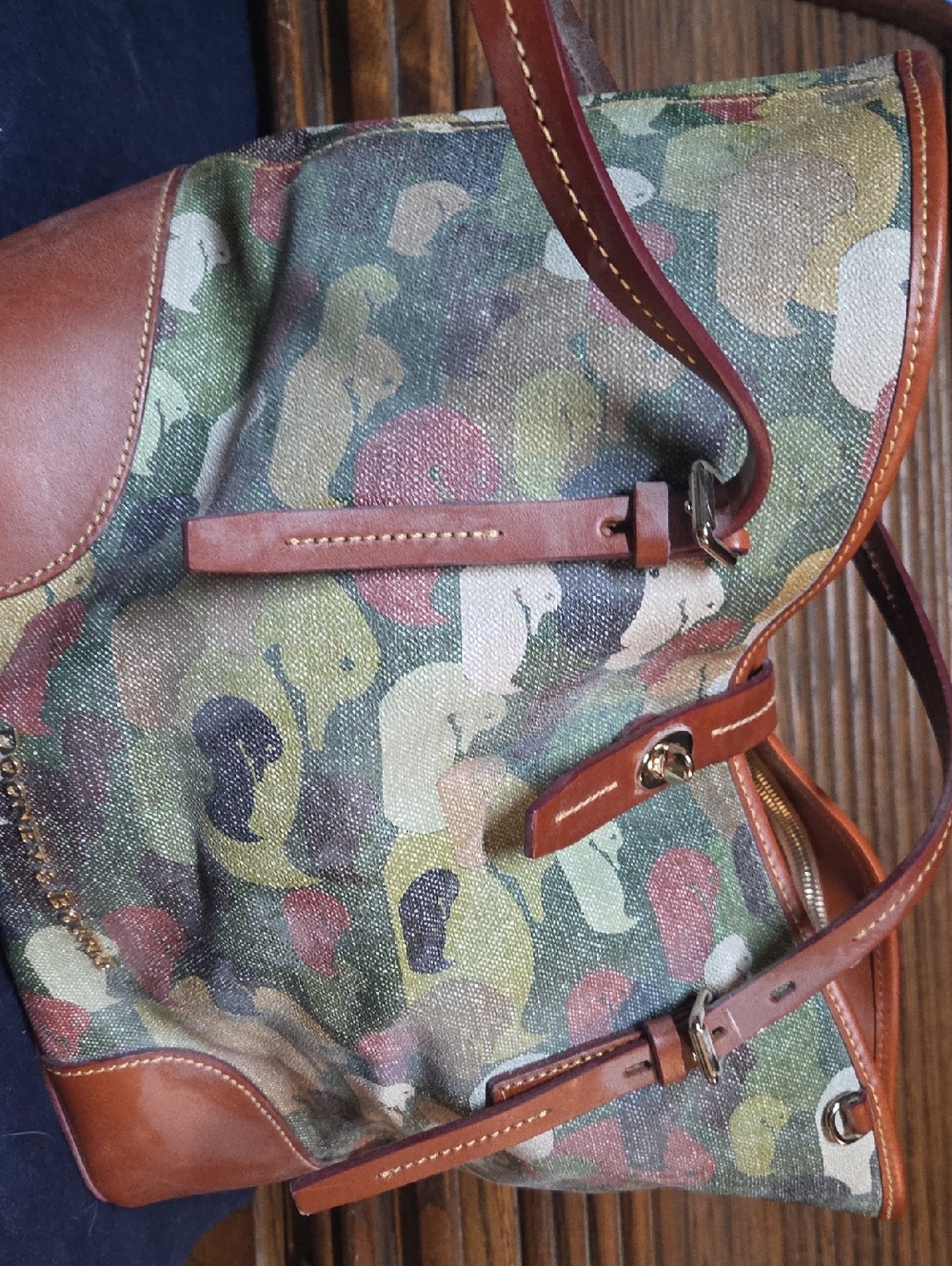 Dooney & Bourke Multicolor Camouflage Canvas Tote with Brown Leather Trim